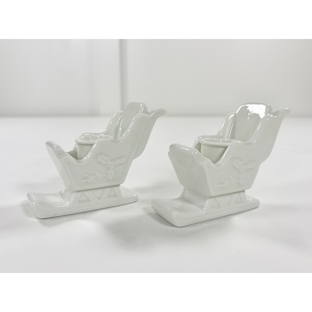 2 Vintage Colonial Candle Co White Ceramic Sleigh‎ Christmas Taper Holder Pair